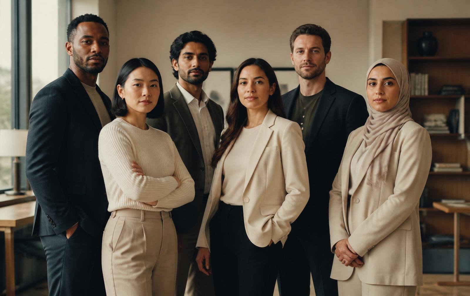 A multi-ethnic business team standing together in a modern office